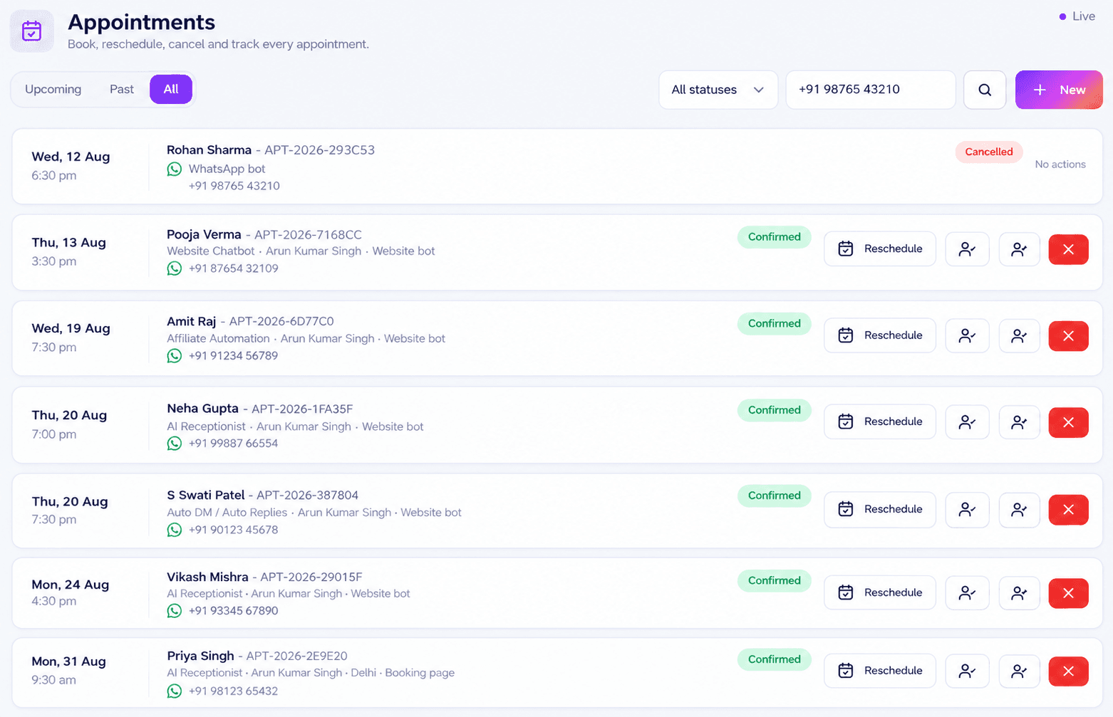 AI Receptionist — the day view with bookings and reminder status