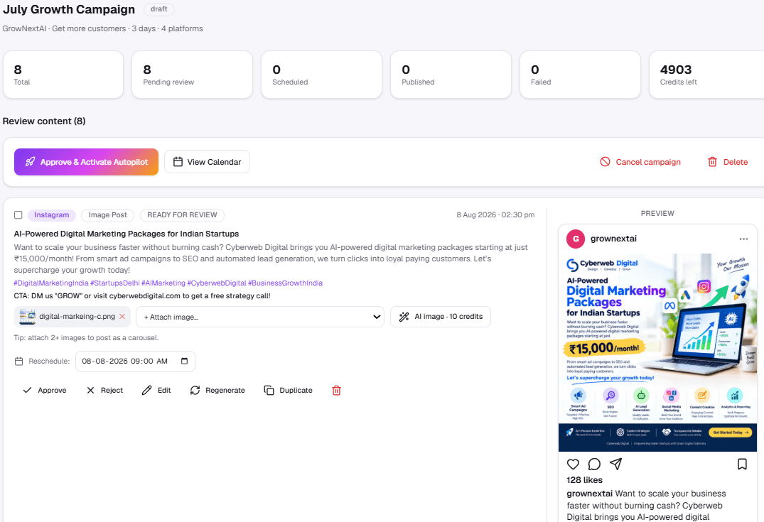 Campaign Autopilot — a month of planned posts awaiting approval