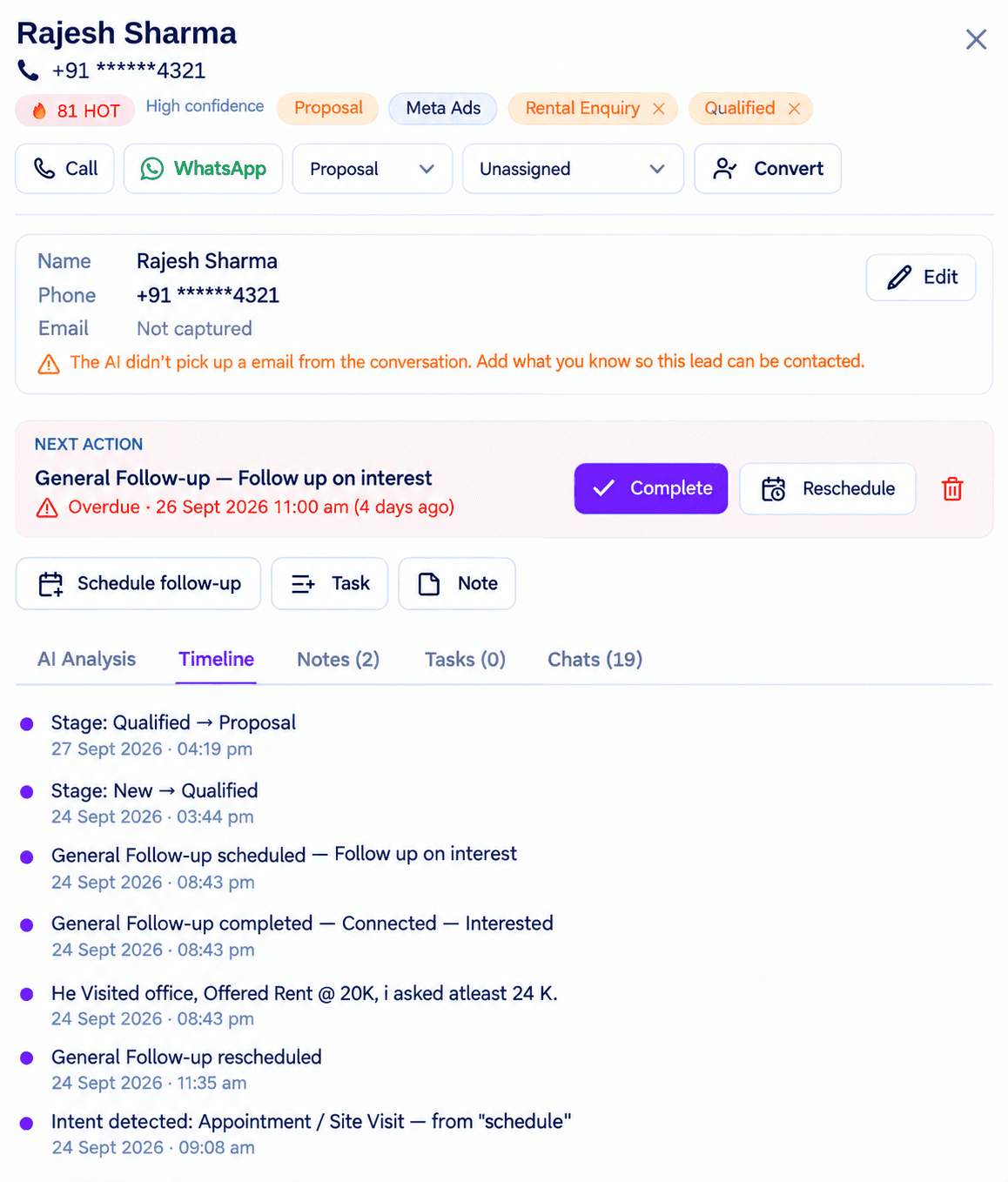 CRM — a lead open, showing the score, timeline and follow-ups