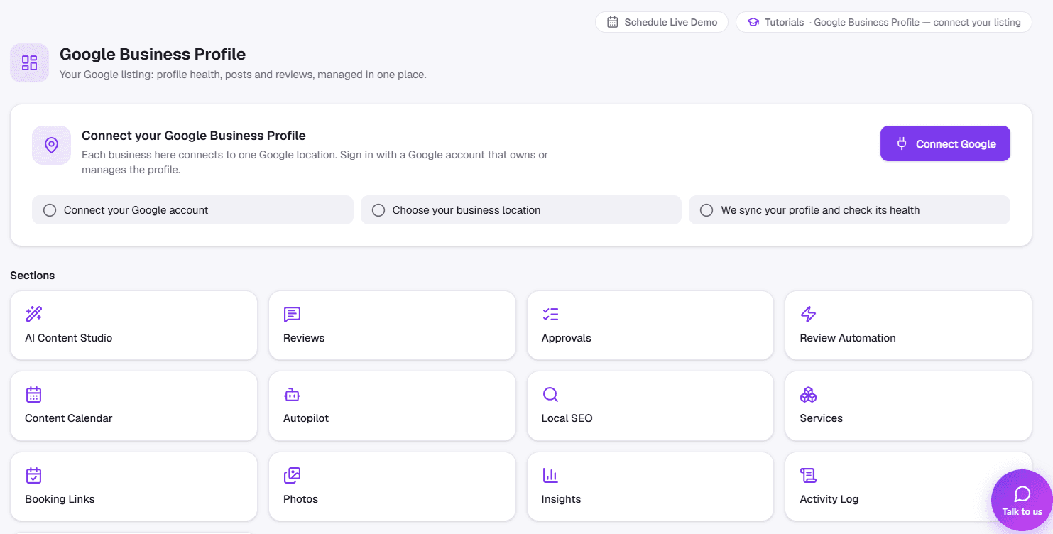 Google Business Profile — the Overview: connect your listing, then every section in one place