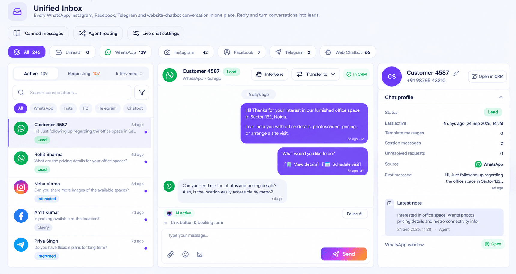 Chats Inbox — the conversation list with the reply panel open
