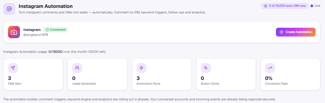Instagram Automation — a comment trigger with its reply and DM