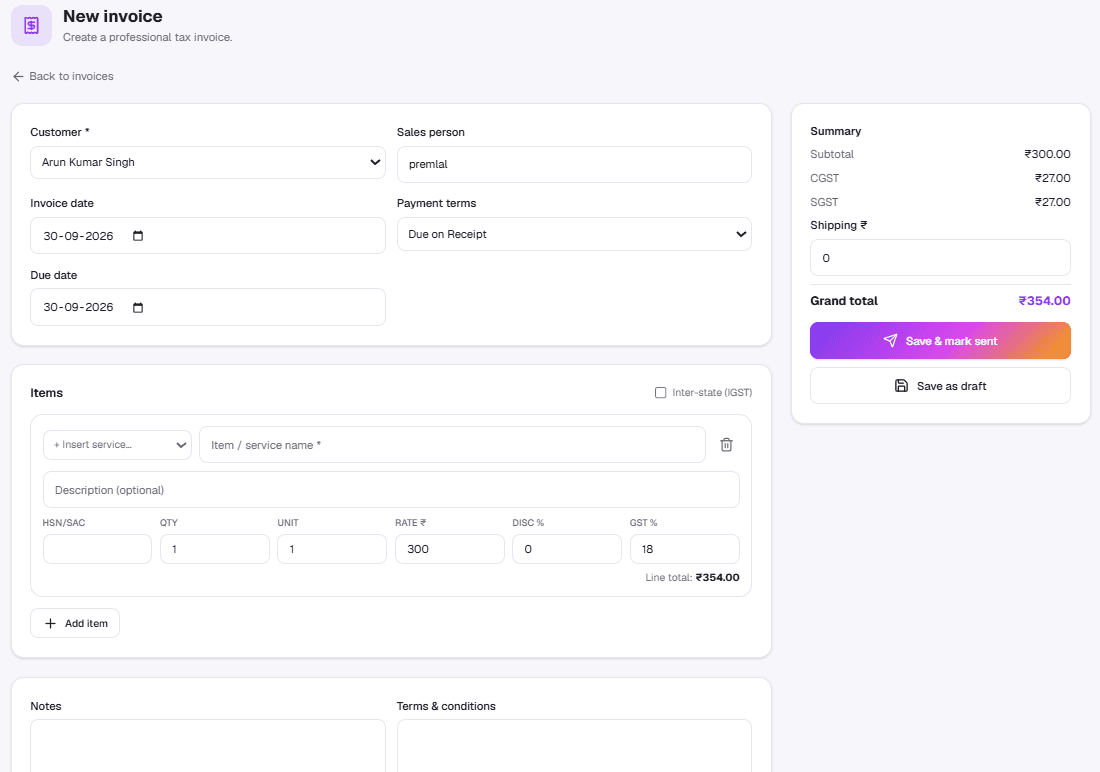 Sales & Invoicing — an invoice with its payment link and status